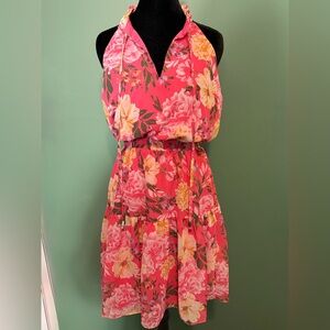 Vince Camuto Pink Floral Smocked Waist Halter Dress 6 Spring Resort Romantic